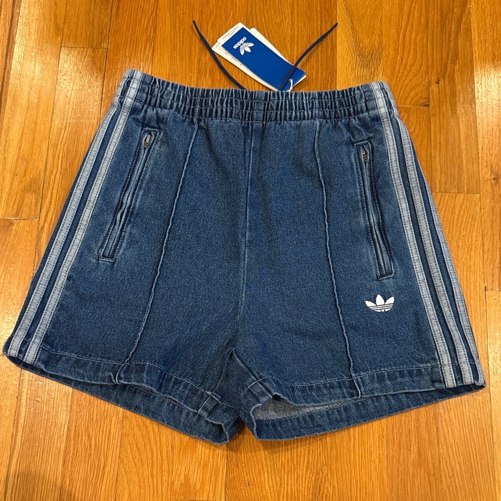 Adidas Indigo Denim Shorts with Gray Stripes